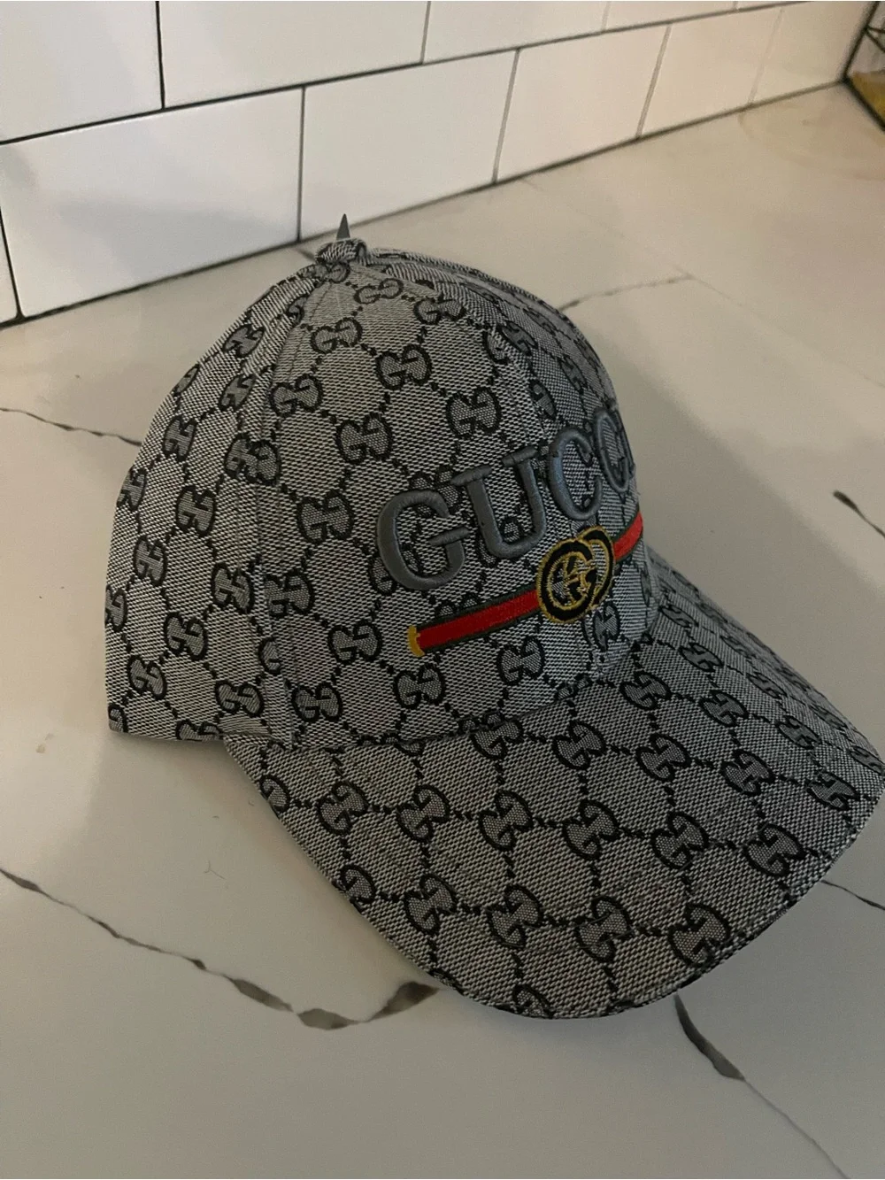 Gucci Gray Monogram Cap with Red, Green & Gold Accent